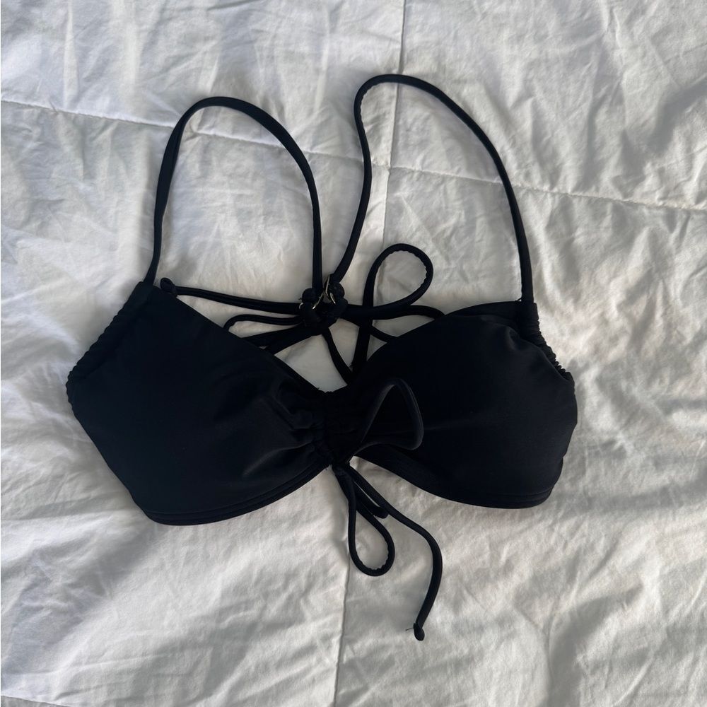 Hollister Cinched Black Bikini Top XS Tie Back Adjustable Straps Ruched Swim